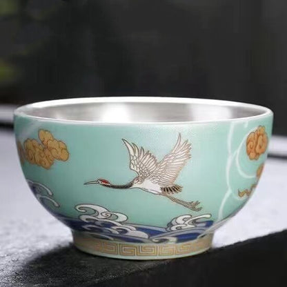Ceramic Tea Cup Sterling Silver Master Cup Crane Print Chinese Kungfu Cup Of Tea