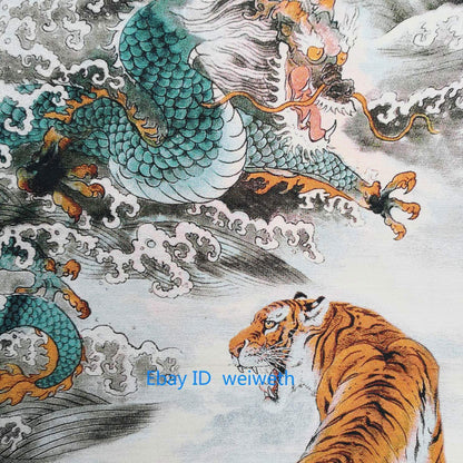 Tibetan hand made Nepal Silk Embroidered thangka -- Tiger and Dragon statue