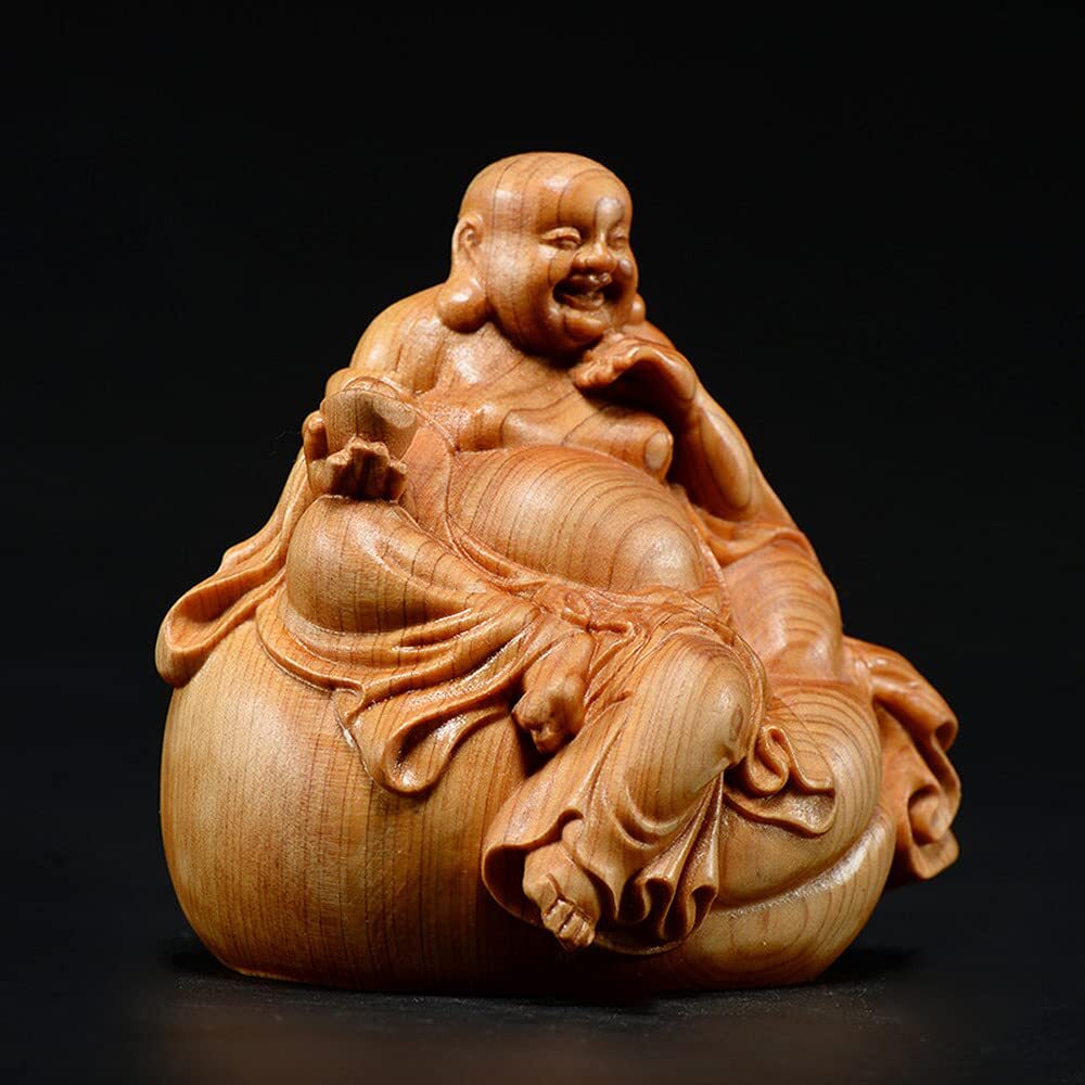 7CM Wooden Laughing Buddha Statue Happy Buddha Carving Home Decor Figurine Gift