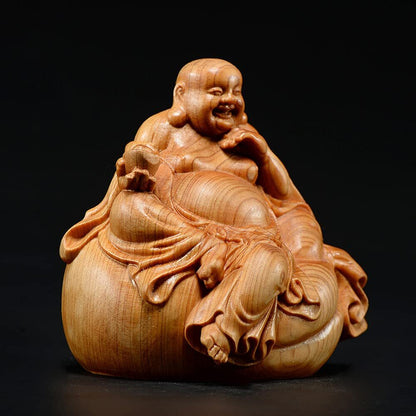 7CM Wooden Laughing Buddha Statue Happy Buddha Carving Home Decor Figurine Gift