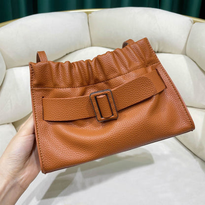 Real Leather Oversized Buckle Scrunchy Soft Ruched Clutch Shoulder bag Crossbody
