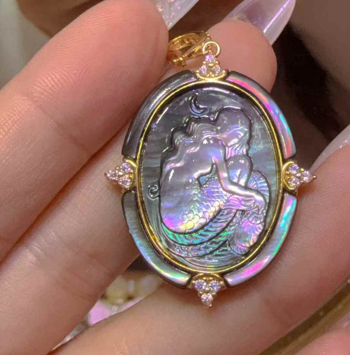 925 sterling silver Agate jewelry Pendant mermaid Shell 2 face vintage Cameo new