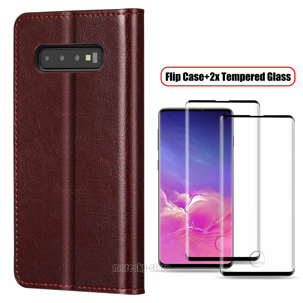 For Samsung Galaxy S10 Plus/S10e Case, Shockproof Leather Cover + Tempered Glass