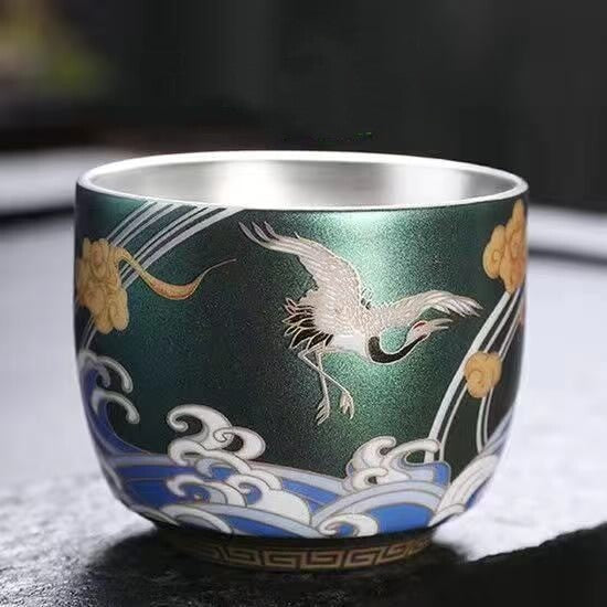 Ceramic Tea Cup Sterling Silver Master Cup Crane Print Chinese Kungfu Cup Of Tea