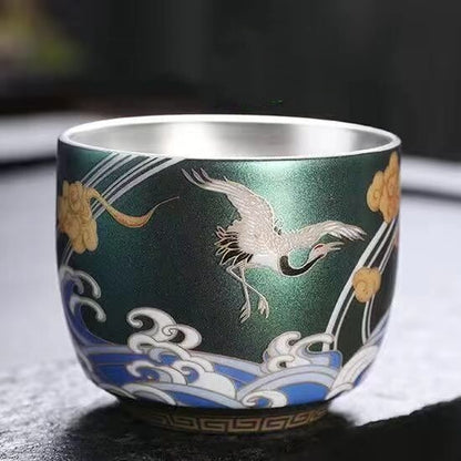 Ceramic Tea Cup Sterling Silver Master Cup Crane Print Chinese Kungfu Cup Of Tea
