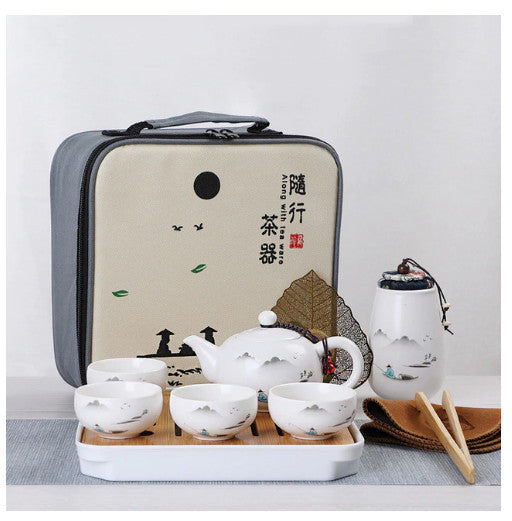 Ceramic Kung Fu Travel Tea Set Teapot Canister 4 Cups Tray Clip Towel Bag Gift