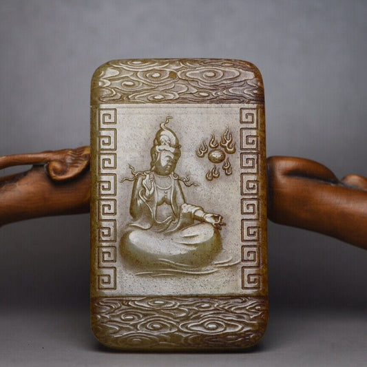 Chinese Old Natural Hetian Jade Carved Guanyin Statue Lucky Jade Pendant Jewelry