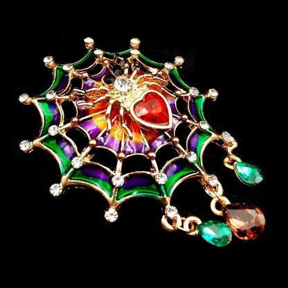 1.57" Colorful Enameled Web Red Heart Spider Brooch Pin Teardrop Short Tassel