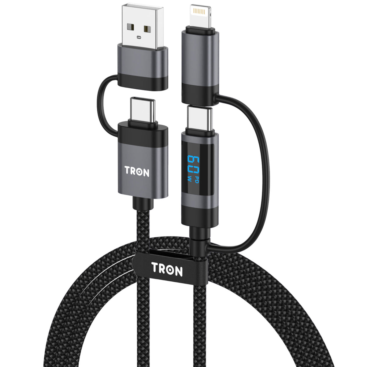 TRON 60W 4-in-1 Braided Charging Cable with Smart Digital Display, 5FT