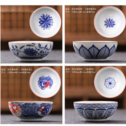 Blue and White Porcelain Tea Cups Retro Fish Dargon Master Cup Puer Tea Bowl