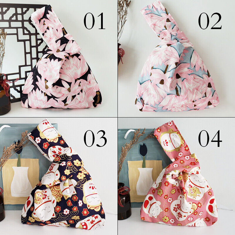 Japanese Flower Pattern Knotted Wrist Bag Phone Bag Canvas Tote Purse Key Pouch