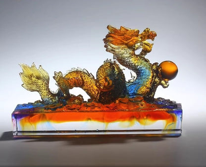 Liu Li Crystal Chinese Dragon Playing Ball Statue Office Feng Shui Home Decor