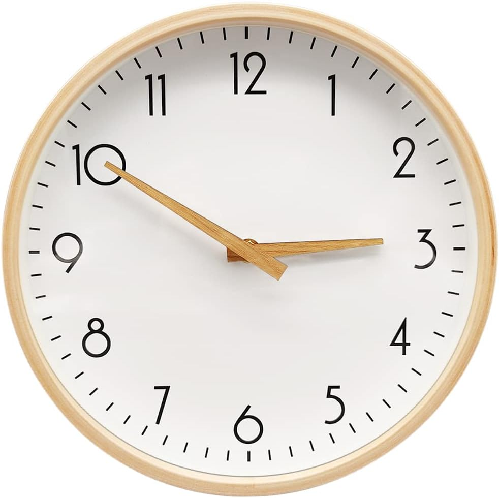 Analog Round Wooden Wall Clock Battery Operated Silent Non Ticking Decor 10 Inch