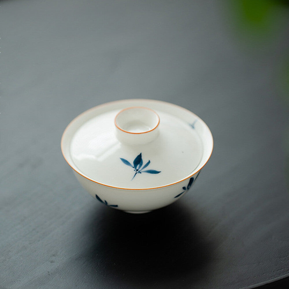 Hand-painted Butterfly Orchid Gaiwan White Porcelain Tea Tureen Mini Cover Bowl