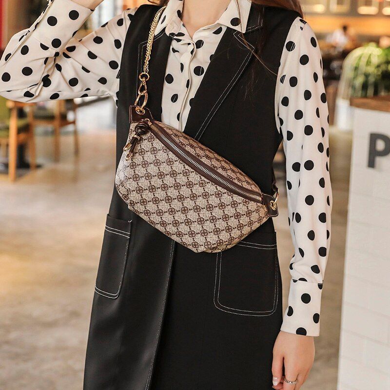 Shoulder Bag Luxury Crossbody Sling Chain Strap Leather Plaid Chest Belt Handbag