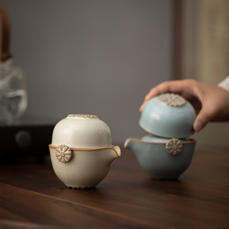 On Sales Travelling Tea Set With Bag Crackle Glaze Porcelain Tea Pot Cup Ruyao