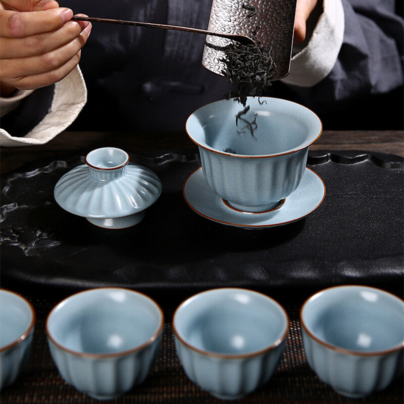 Chinese Porcelain Gaiwan Cup Bowl With Saucer Crackle Glaze Ruyao Craft Tureen