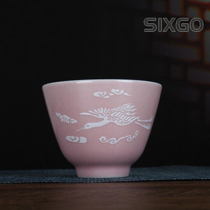 3" Collection Chinese Jingdezhen Porcelain Pink Glaze Animal Crane Cup