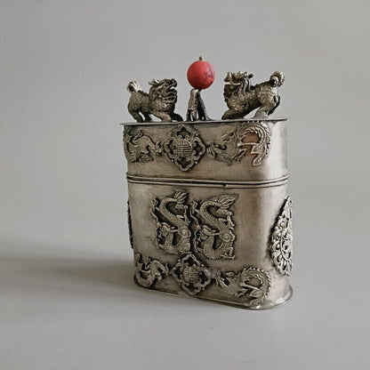 Exquisite Old Chinese tibet silver handcarved Dragon phoenix toothpick box