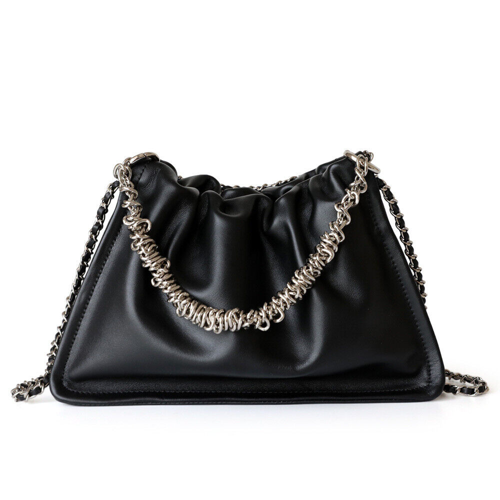 Small Real Leather Ruched Clutch Pouch Purse Tote Shoulder Bag Crossbody Chains