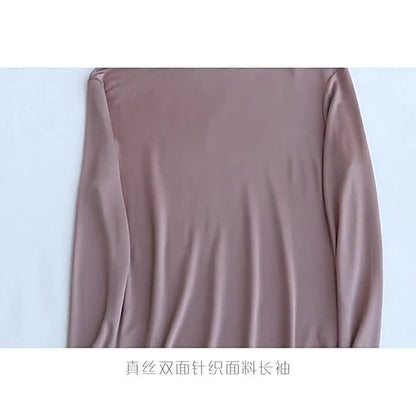 Womens lingerie Mulberry Silk Knitted Round Neck T Shirt Undershirt Long Sleeve