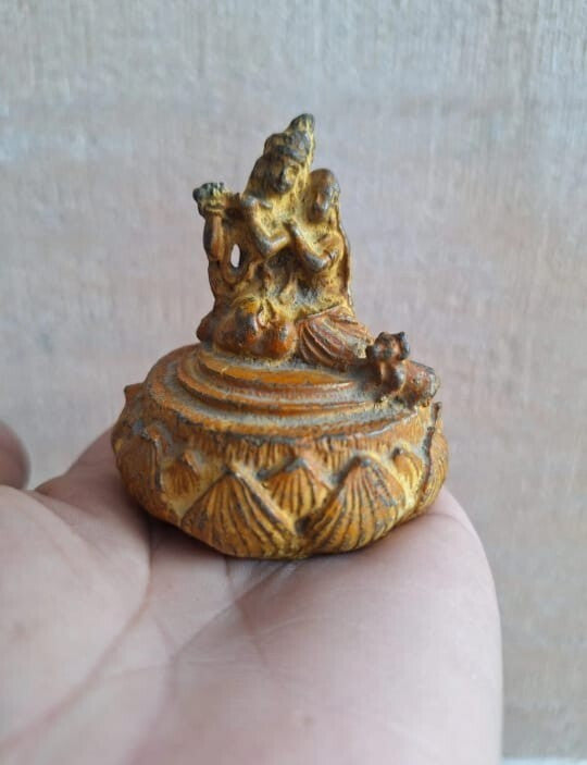 Antique Vintage Old Lord Radha Krishna on Lotus Collectible Statue Brass Idol