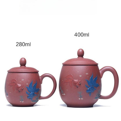 one cup with lid handle real yixing zisha mug handmade golden fish relief 280ml