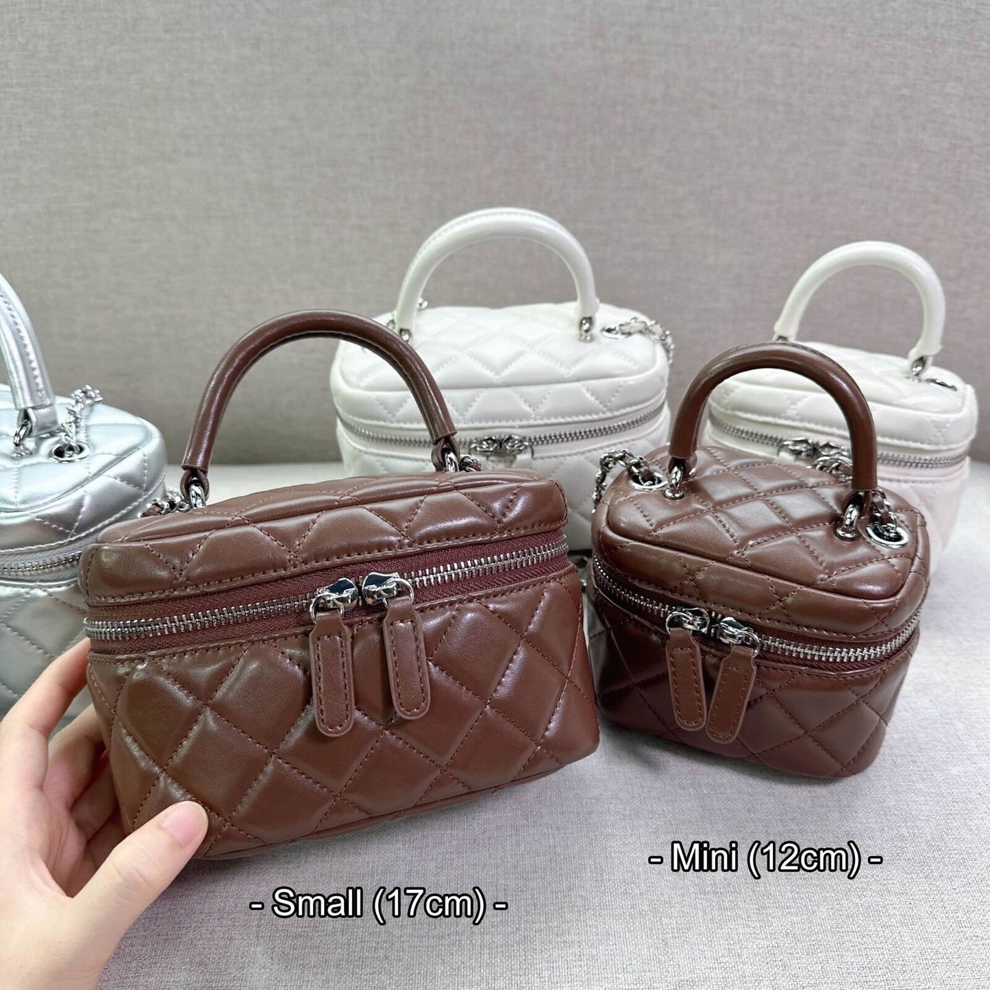 Mini Quilted Real Leather Vanity Case Box Purse Clutch Tote Shoulder Bag Chains