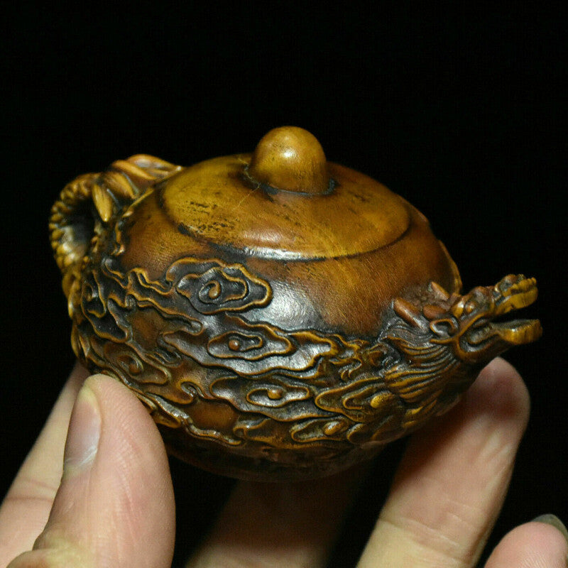 Antique Chinese Boxwood Caved Dragon Cloud Wine design Tea Pot Flagon Statue