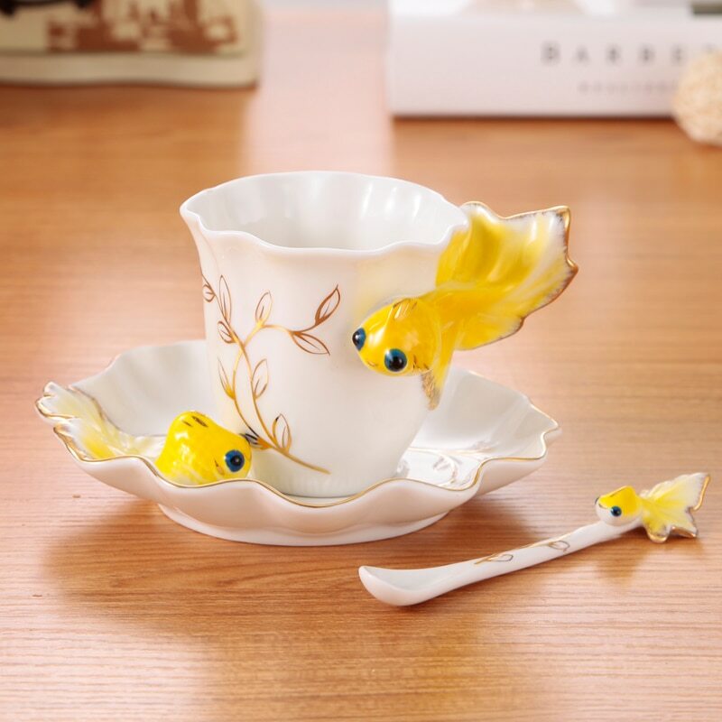 200ml 3D Goldfish Coffee Mugs Bone China Tea Cups Dish Spoon Creative Coffeeware