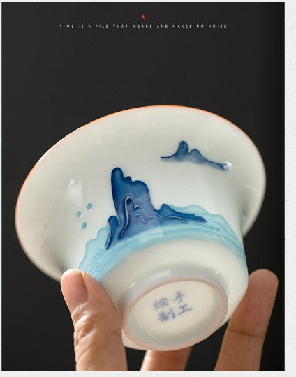 Ceramic Gaiwan Porcelain Tea Tureen Handpainted Mountain Chawan Puer Tea Maker