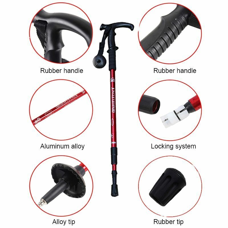 Telescopic Hiking Camping Climbing Walking Stick Trekking Pole Cane Elderly Red