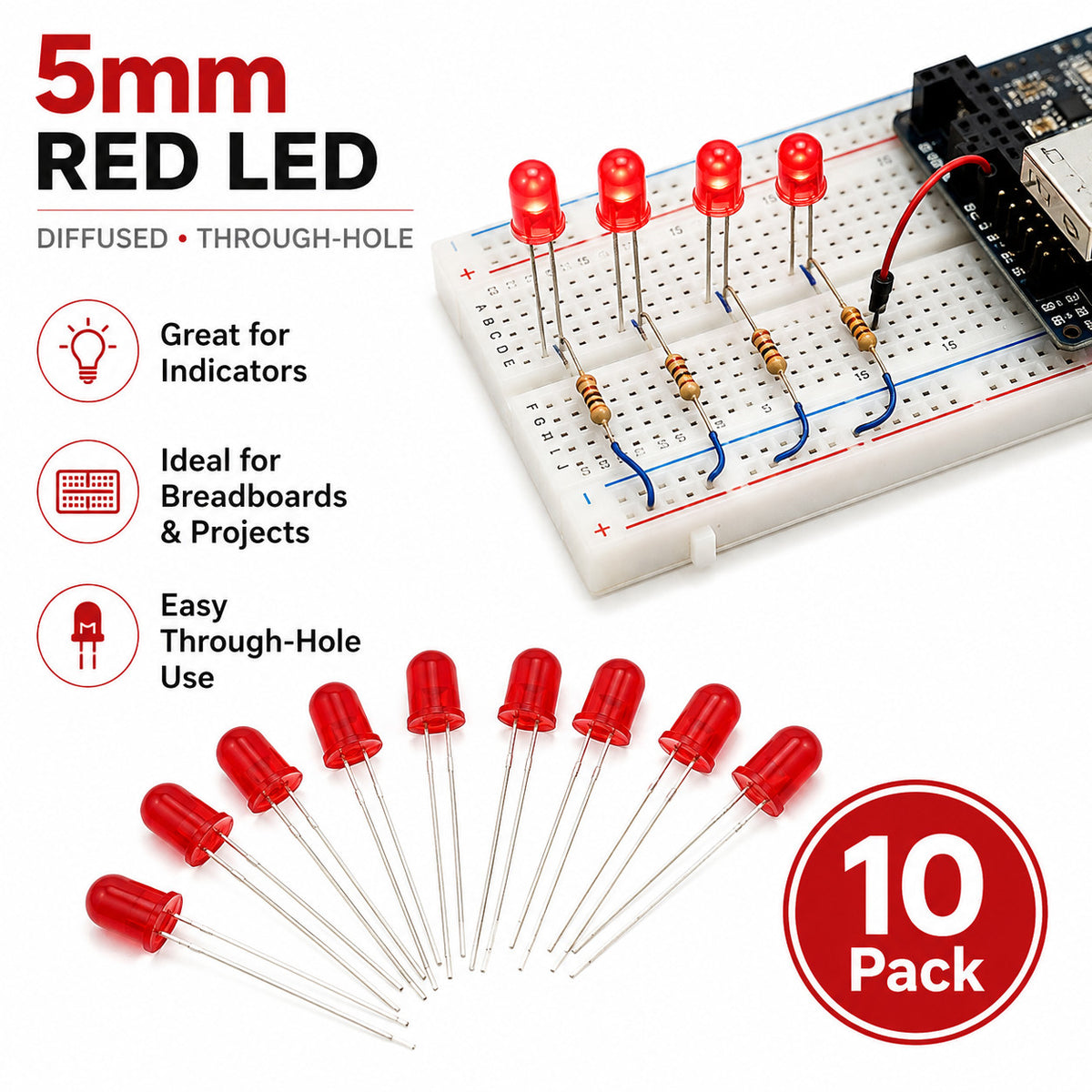 10mm Jumbo Red Diffused LED, 2-Pin Round, 1.8-2.2V 20mA - 100 Pack