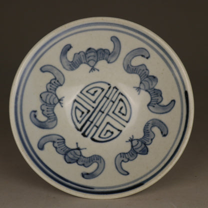 4.9" Chinese Qing Bluewhite Porcelain Animal Bat Longevity Grain High Foot Plate