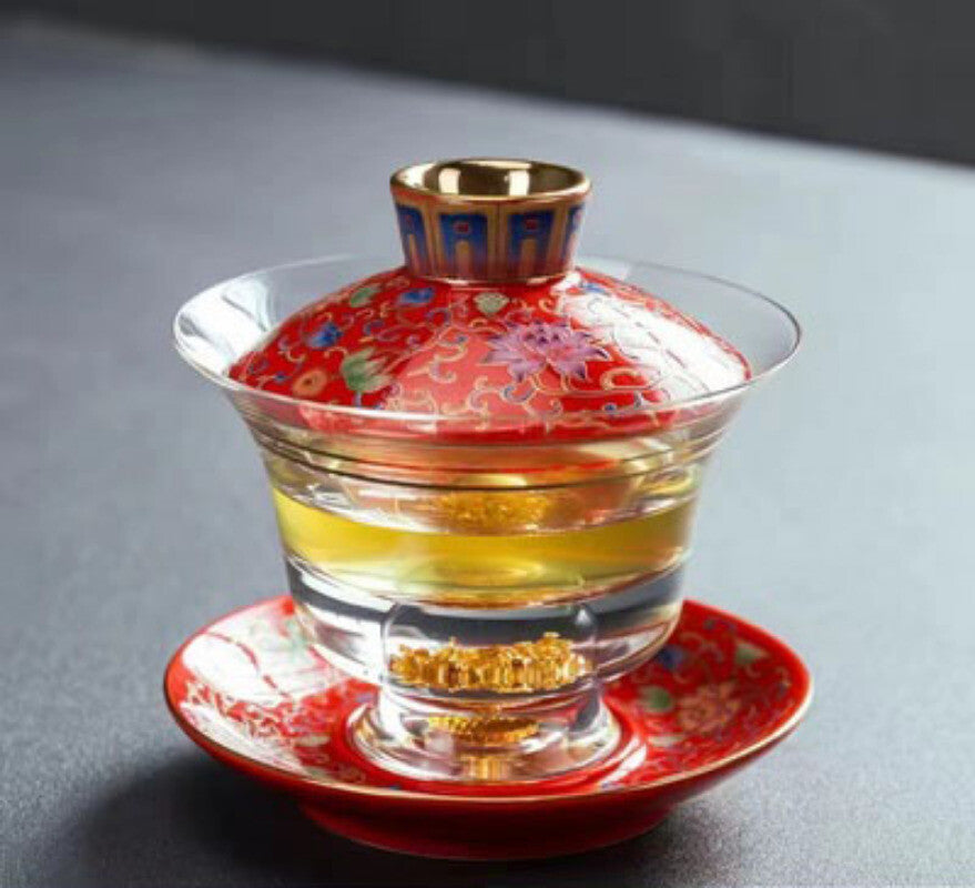 Tea Bowl Thickened Glass Tureen Tea Cover Bowl Lid Sancai Gaiwan Hand Painted