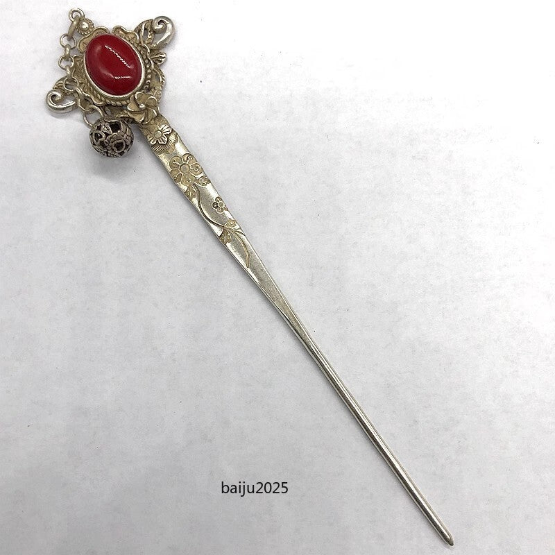 Red Jade Inlaid Old Tibetan Silver Hairpin,Chinese Old Craft Made