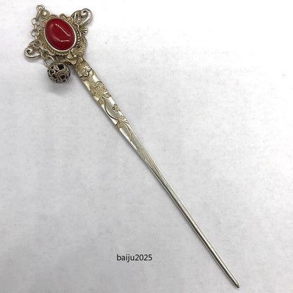 Red Jade Inlaid Old Tibetan Silver Hairpin,Chinese Old Craft Made