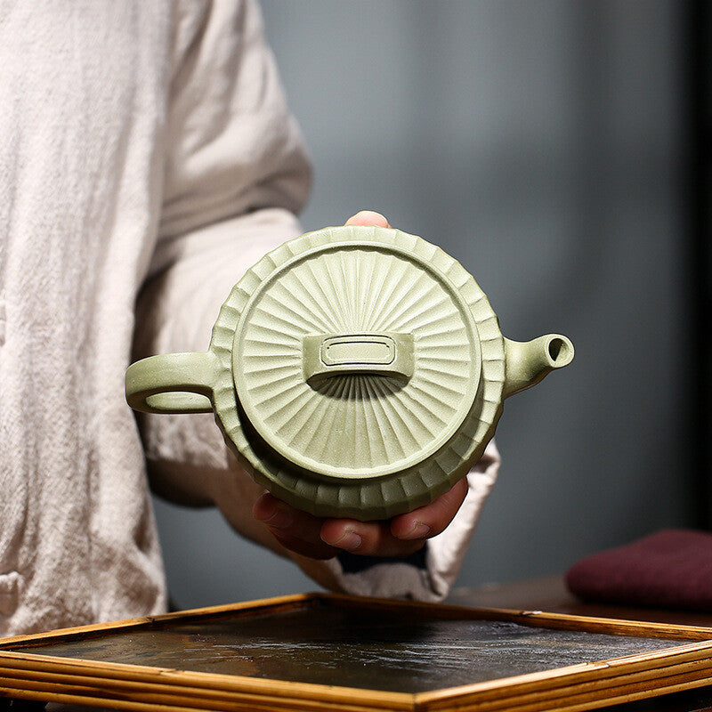China Yixing Zisha Pottery Bean Green Mud Clay Handmade230cc Tendon Grain Teapot
