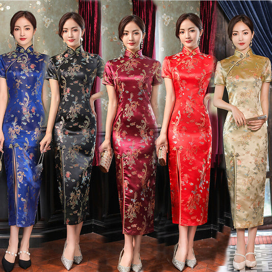 Evening Party Dress Silk Satin Qipao Chinese Traditional Cheongsam Size S to 4XL