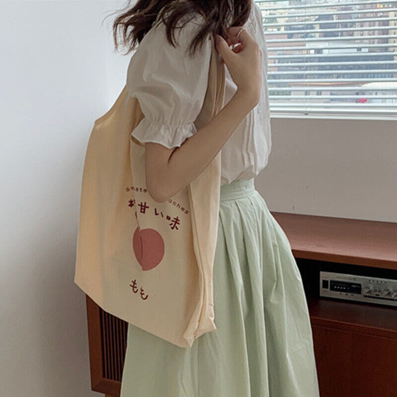 Peach Print Canvas Bag Tote Bag Large Capacity Shoulder Bag School Shopping Bag