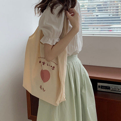 Peach Print Canvas Bag Tote Bag Large Capacity Shoulder Bag School Shopping Bag