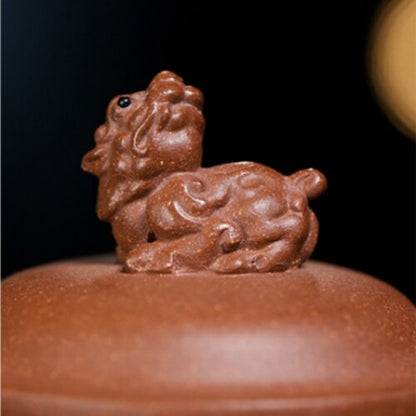 Yixing Aged Duan Clay Kylin Teapot Handcarved Auspicious Triple-foot Collectible
