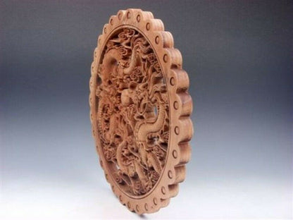 Hand Carved Camphor Wood Round Plate Wall Sculpture Dragon Statue