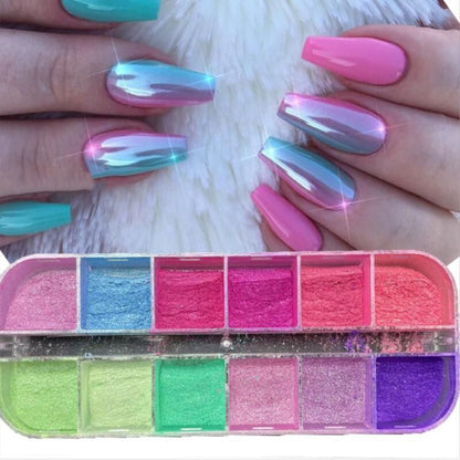 Nail Glitter Polish 12 Grids Colorful Mirror Effect Shimmer Pearl Powder Pigment