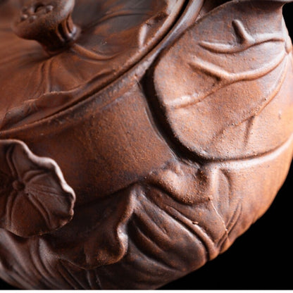 Crude Pottery Tea Pot Lotus Carved Relief Ceramic Pot With Infuser 200ml China
