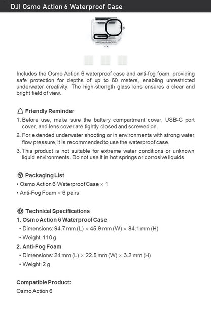 DJI Osmo Action 6 Waterproof Case – 60m Depth + 6 Anti-Fog Foams