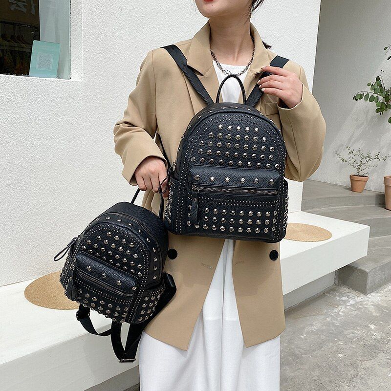 Punk Style Rivet Black Leather Backpack Zip Small/ Big Bag Women Purse Traveling