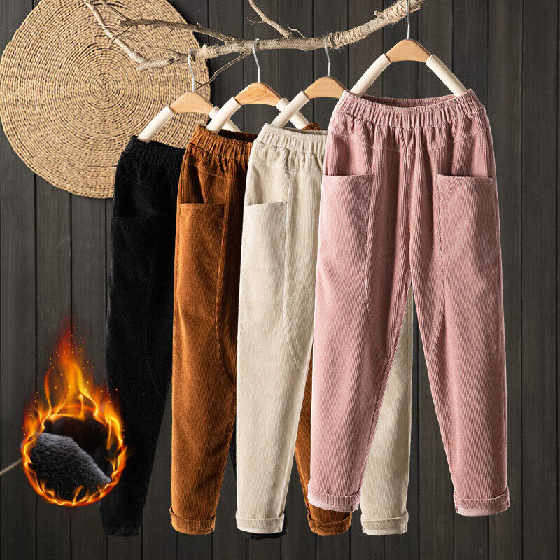 Women Elastic Waist Corduroy Pants Winter Warm Fleece Loose Cargo Baggy Trousers
