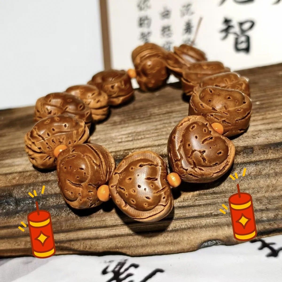 Peach Pit Carved Heart Biscuit Bracelet 22mm Unisex Handmade