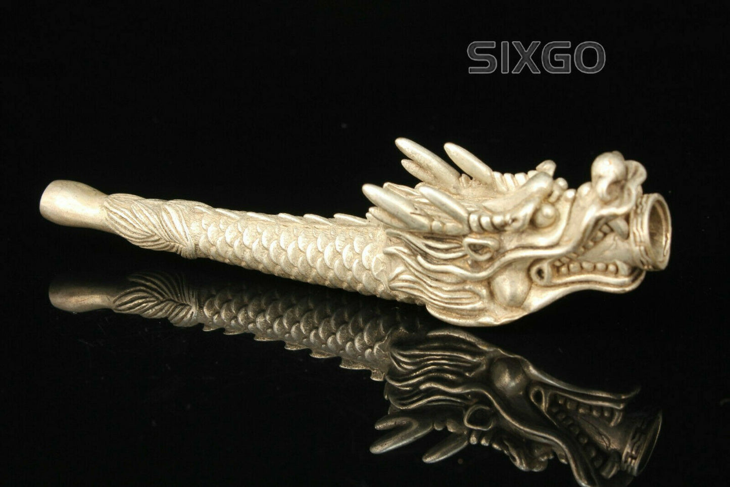 China Collectible Hand-carved Dragon Head Retro Tibetan Silver Pipe